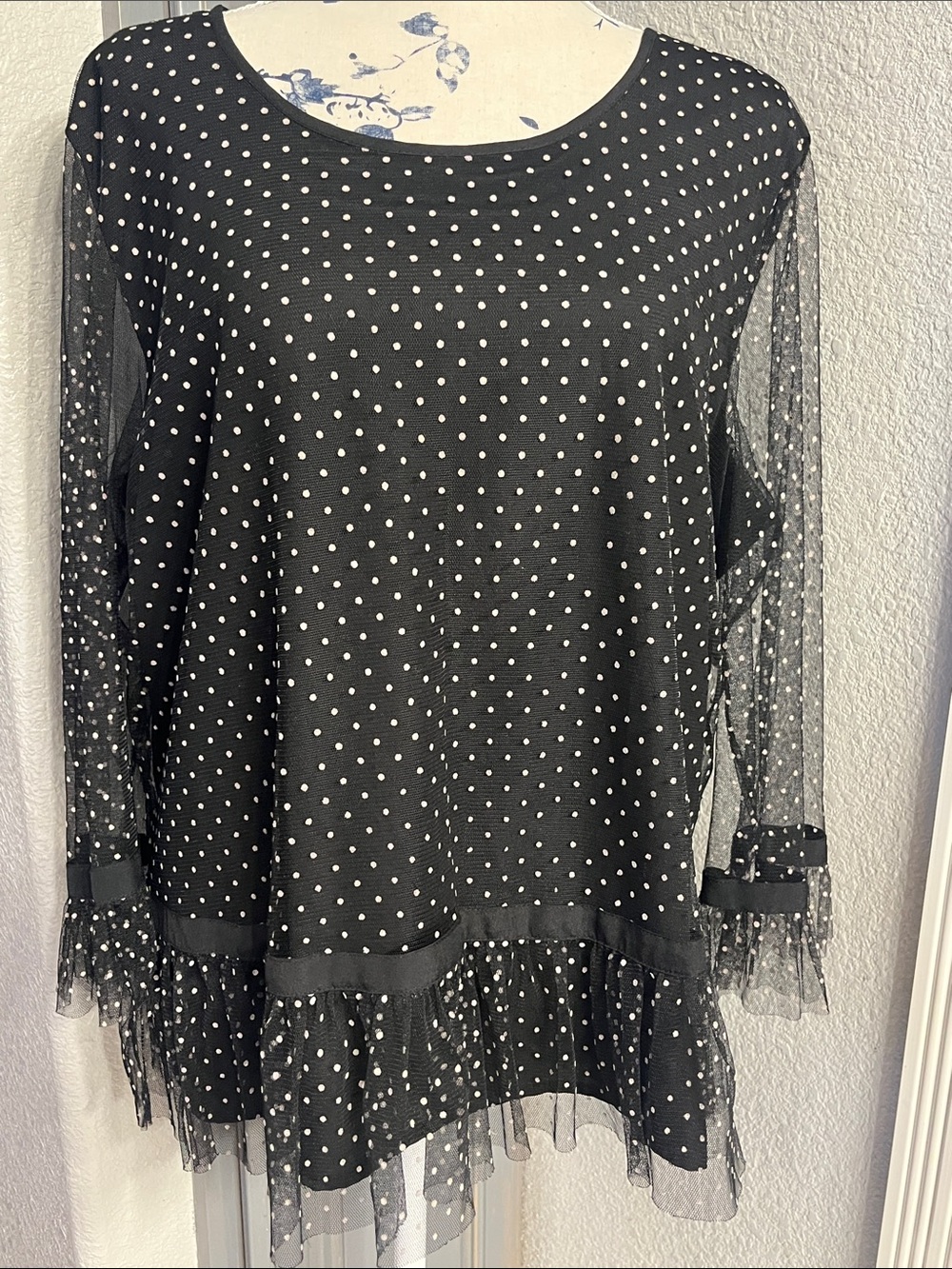Dkny Black Blouse with White Polka Dots and Sheer Sleeves